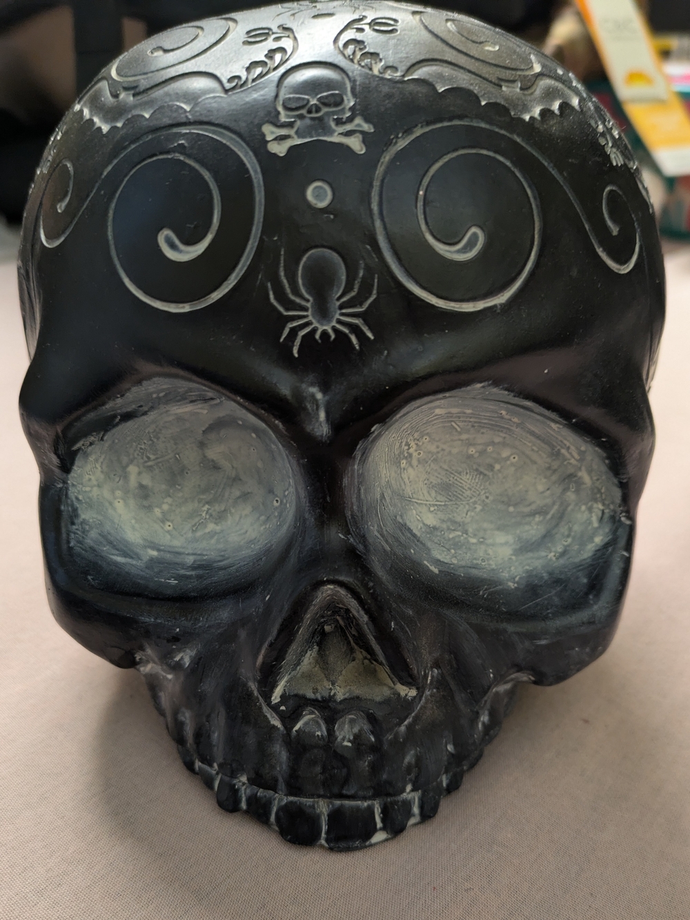 Decorative Black Skull Art Sculpture with White Accents